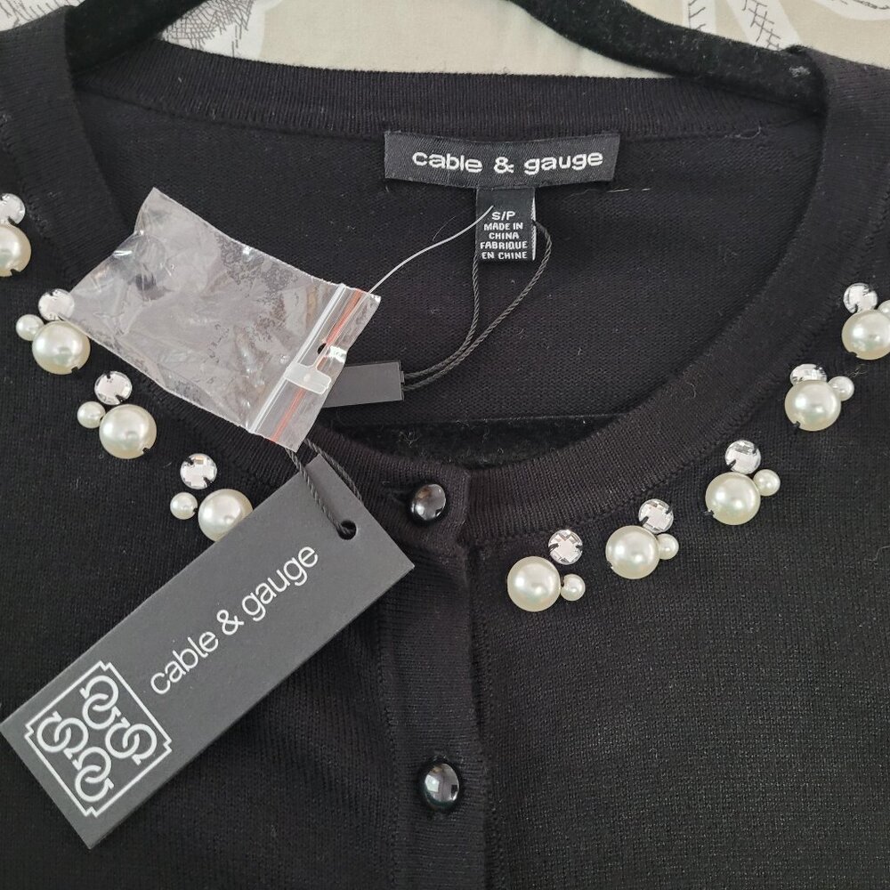 Cable & Gauge Black 3/4 Sleeve Cardigan W/ Faux Pearl & Rhinestones Small NWT